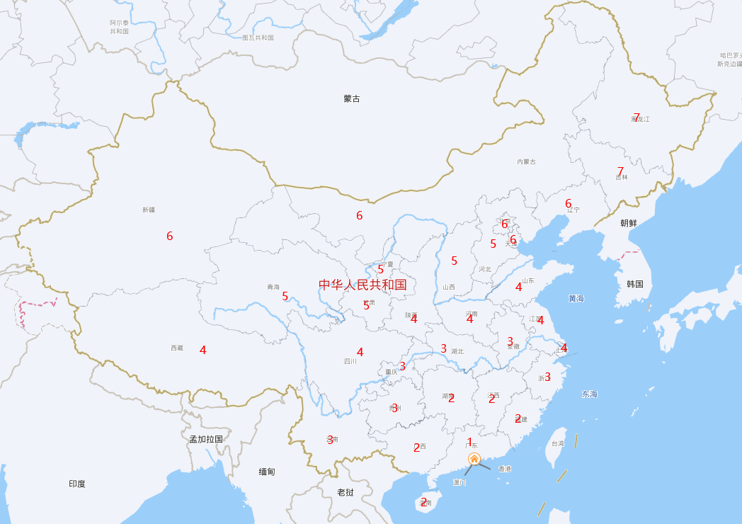 業務范圍數字化，按照距離廣東的臨近省份分布做出1到7的順序，每個數字代表跟廣東的相鄰省份數字。
